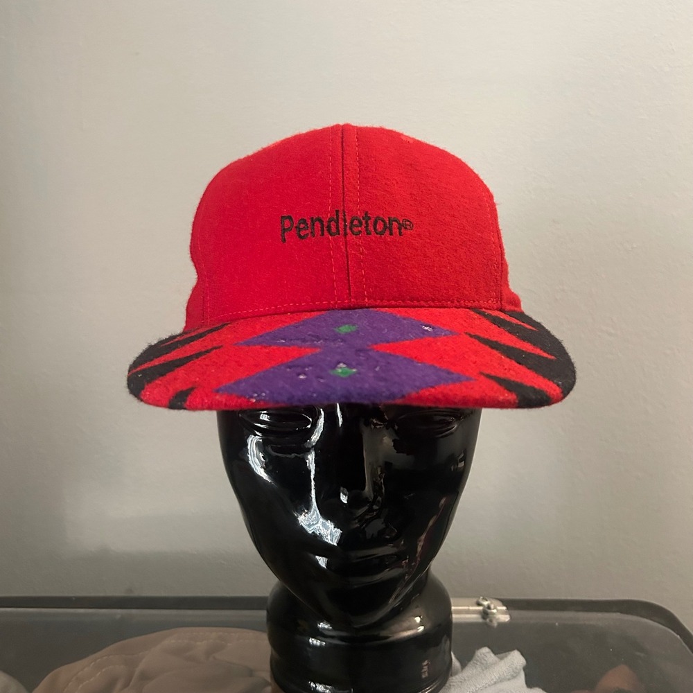 Pendleton Hat Men OS Red Wool Southwestern Pattern Leather Strapback B147